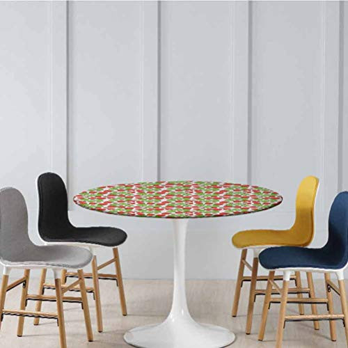 Elasticized Table Cover Strawberries with Flowers and Leaves Summer Season Themed Eating Food Durable Wipe-Clean Table Cover No Fabric Draping Down for Puppy to Grab Vermilion Pink Diameter - 63 Inch