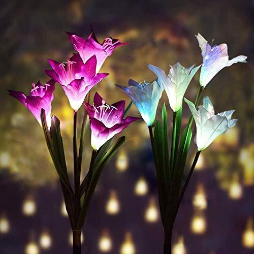 Outdoor Solar Garden Stake Lights - Premium 2 Pack Solar Powered Lights with 8 Lily Flowers Multi-Color Changing LED Solar Decorative Lights for Garden Patio Backyard Decorations  Purple and White