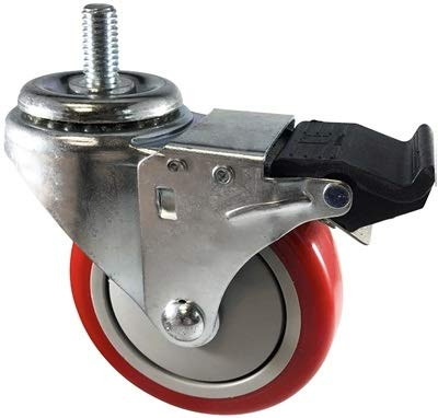 CasterHQ - 4 inch X 1.25 inch RED Polyurethane ON POLYOLEFIN Wheel - 1 2 inch-13x1 inch Threaded Stem - Total Locking Swivel Caster - 350 LBS Cap