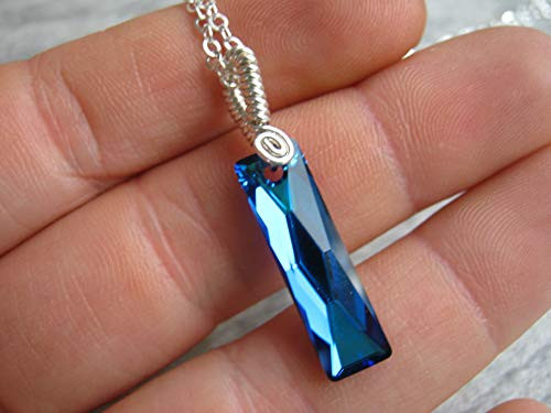 18 inch Bermuda Blue Baguette Necklace.925 Sterling Silver Swarovski Crystal Modern Pendant Rectangle Jewelry 18 inch Bermuda Blue Baguette Necklace.925 Sterling Silver Swarovski Crystal Modern Pendant Rectangle Jewelry