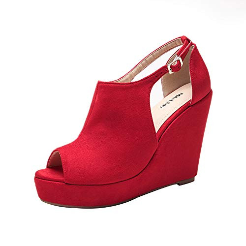 Mila Lady Lisa 2 Women s Platform Wedges Cutout Side Straps Peep-Toe Ankle Bootie Heeled Sandal. RED10