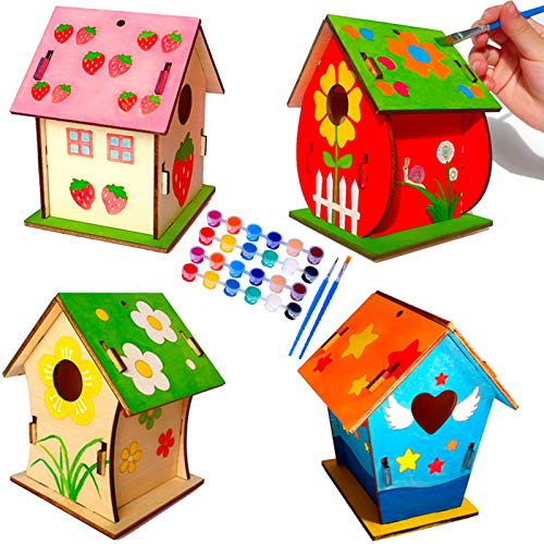 HYISHION 4 pcs DIY Birdhouse Kit for Kids 3D Wooden Birdhouse Hanging Art  and  Crafts Painting Kits Build and Paint Backyard Wooden Birdhouse Kit for Girls Boys