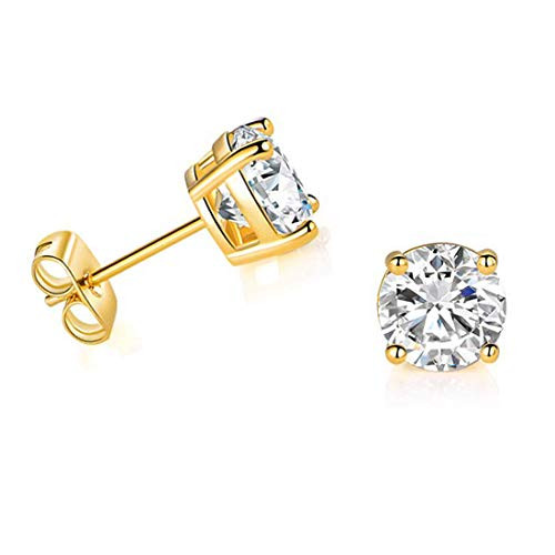 Solid 14k Yellow Gold Solitaire Round Cubic Zirconia CZ Stud Earrings with 14k Gold Butterfly Push-backs  6mm