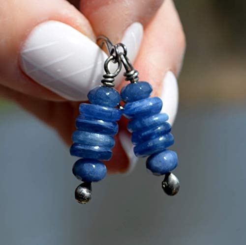Light Blue Kyanite Earrings Dangling for Women - Genuine Untreated Gemstones  Faceted Beads with Handmade Sterling Silver Ear Wires Light Blue Kyanite Earrings Dangling for Women - Genuine Untreated Gemstones  Faceted Beads with Handmade Sterling Silver Ear Wires