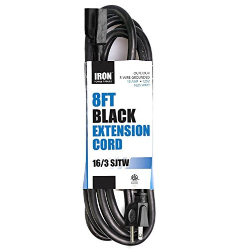 8 Ft Outdoor Extension Cord - 16/3 Durable Black Cable