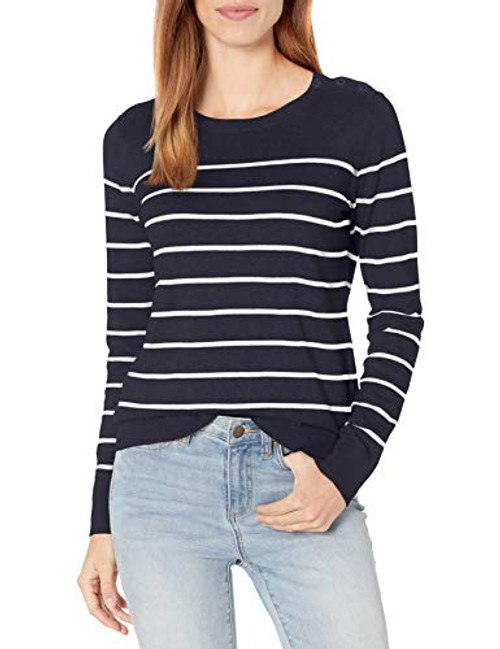 Nautica Women s Year-Round Long Sleeve 100 percent Cotton Striped Crewneck Sweater Navy Small