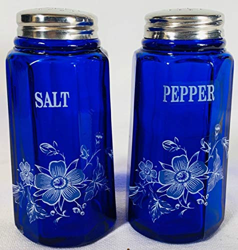 Salt  and  Pepper Shaker Set - Paneled Pattern - Mosser Glass USA - American Made  Floral Cobalt Blue