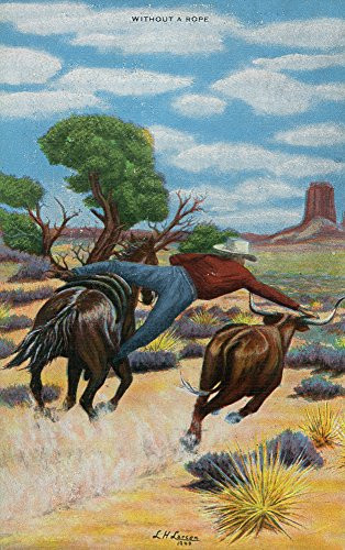 Western Scene - Rancher without Lasso Attempts to Grab Bull by the Horns  16x24 Fine Art Giclee Gallery Print Home Wall Decor Artwork Poster