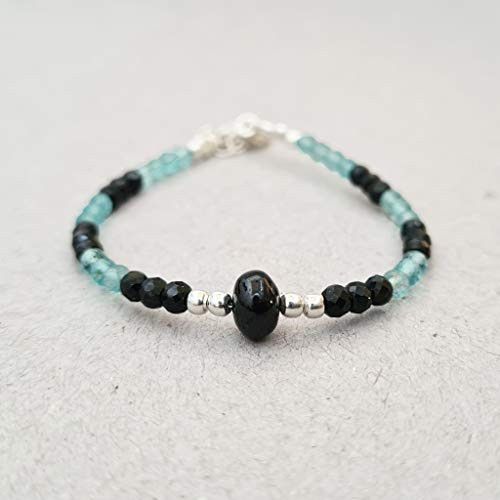 Black Spinel Bracelet Blue Apatite August Birthstone Crystal Silver Jewelry Roundel Beads Gift for women