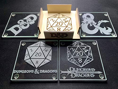 D and D Dungeons and Dragons Glass Coaster 4 piece Set Laser Engraved with Stand