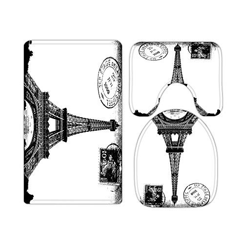 Eiffel Tower Paris Bathroom Rugs and Mats Sets 3 Piece Memory Foam Bath Mat U-Shaped Contour Shower Mat Non Slip Absorbent Velvet Toilet Lid Cover Washable