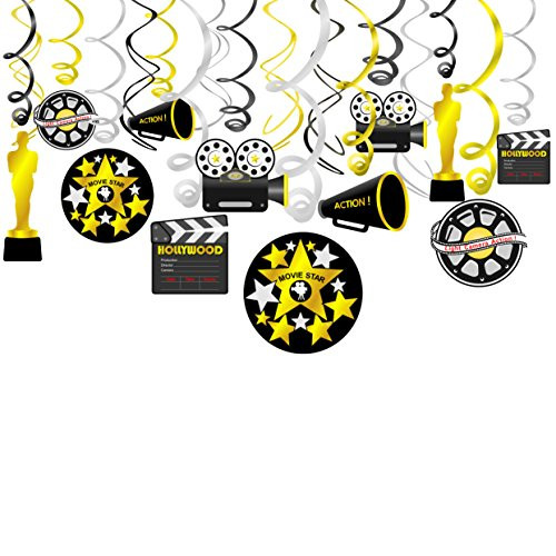 Konsait Movie Foil Swirl Hanging Decorations, Hollywood Movie Themed Hanging Swirl Oscar Party Decor Favors Supplies - Gold Black Silver Decor(18Pack)