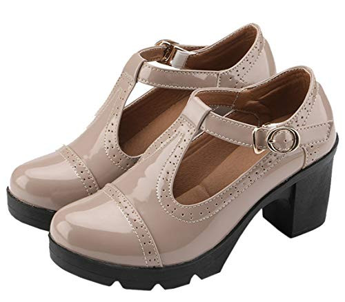 DADAWEN Women s Classic T-Strap Platform Mid-Heel Square Toe Oxfords Dress Shoes Apricot US Size 10