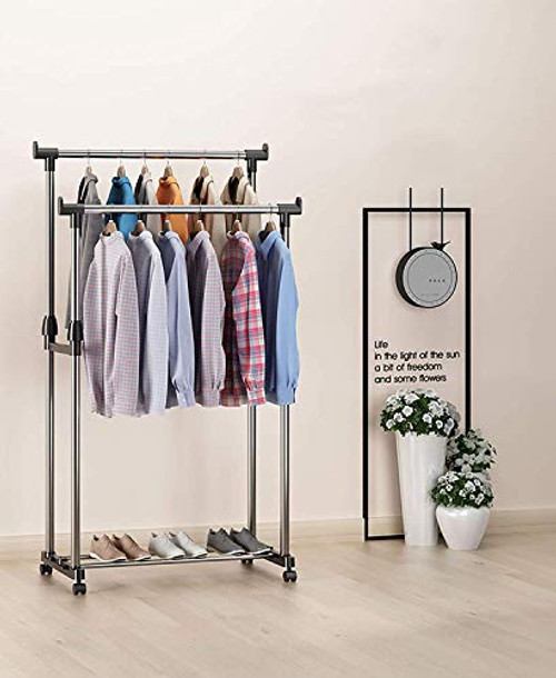 Dporticus Simple Portable Stainless Heavy Duty Double Rod Clothing Hanging Garment Rack with Wheels Floor Drying Rack Adjustable for Bedroom Balcony