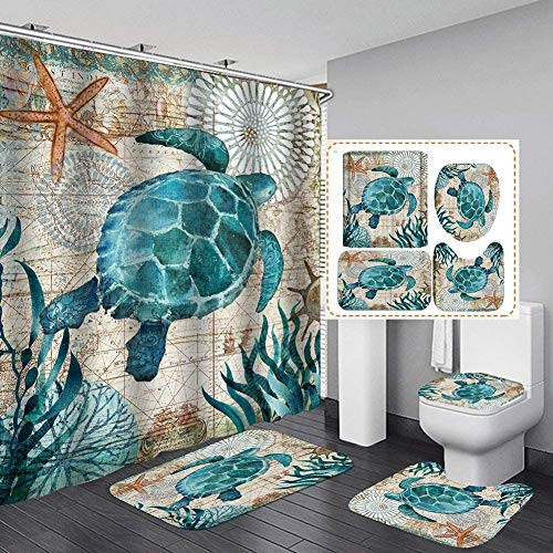 Sea Turtle Nautical Shower Curtain Sets with Non-Slip Rugs Toilet Lid Cover and Bath Mat Beach Ocean Decor Coastal Shower Curtains with 12 Hooks Fabric Bath Curtain