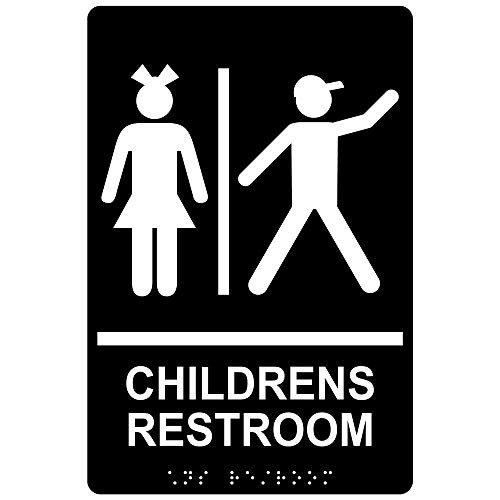 Childrens Restroom Sign ADA-Compliant Braille and Raised Letters 9x6 inch White on Black Acrylic with Adhesive Mounting Strips by ComplianceSigns