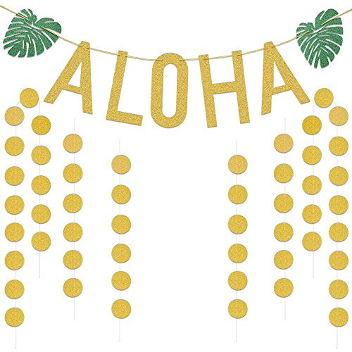Hawaiian Aloha Party Decorations,Konsait Gold Glitter ALOHA Banner with Palms Leaves and Circle Dots Garland for Hawaiian Tropical Luau Beach Summer Pool Party Decor Supplies(5Pack) Hawaiian Aloha Party Decorations,Konsait Gold Glitter ALOHA Banner with Palms Leaves and Circle Dots Garland for Hawaiian Tropical Luau Beach Summer Pool Party Decor Supplies(5Pack)