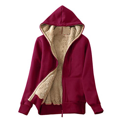 FONMA Women s Casual Winter Warm Coat Sherpa Lined Zip Up Hooded Sweatshirt Jacket Red