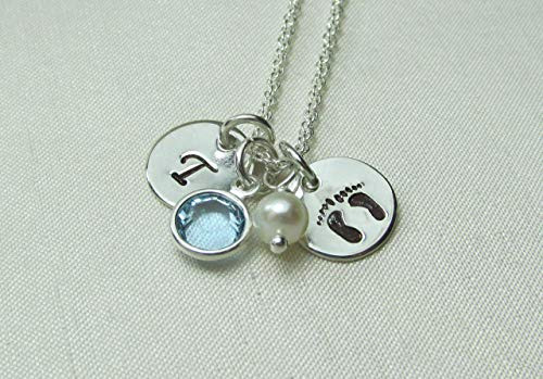 Mothers Necklace Personalized Birthstone Necklace New Baby Gift Idea Footprints Initial Necklace Sterling Silver Monogram Jewelry for Mom
