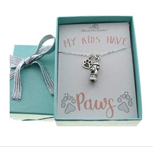 Fire Hydrant and Paw Print Charms on an 18 inch sterling silver cable chain. My Kids Have Paws Necklace. Dog necklace. Paw Print