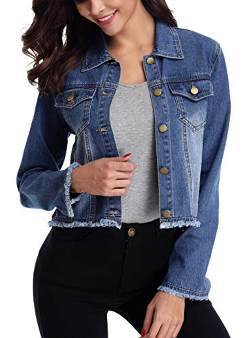 MISS MOLY Denim Jackets for Women Cropped Distressed Ripped Long Sleeve Jean Jackets Blue L