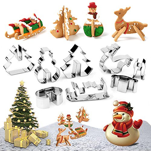 Forvel 3D Christmas Theme (Xmas Tree,Snowman,Reindeer and Sleigh) Cookie Cutters Festive Biscuit Pastry Fondant Cake Decorating Mold Set