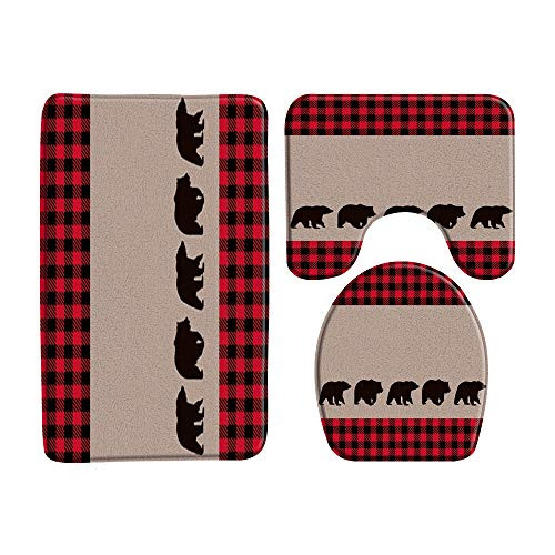 3 Pieces Bath Rugs SetsBlack Bear Red Black Buffalo Check Plaid Woodland Camping Cabin Wildlife Bear Silhouettes Vintage Farm Rustic Memory Foam 16 inchx 24 inch Bath Mat Sets for Bathroom Decor