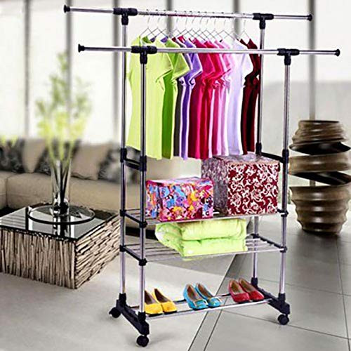 3 Tiers Clothing Garment Rack with Wheel Stainless Steel Heavy Duty Telescopic Clothes Rolling Racks with Shoe Racks Dual Bars Hanging Garment Rack Fast Shipped from US