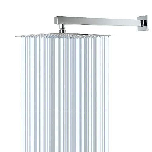 Rain Shower Head with Extension Arm HarJue 12 Inch Square Shower Head with 16 Inch Shower Arm Large Stainless Steel Rainfall Showerhead-Waterfall Full Body Coverage-Easy to Install  Chrome Finish