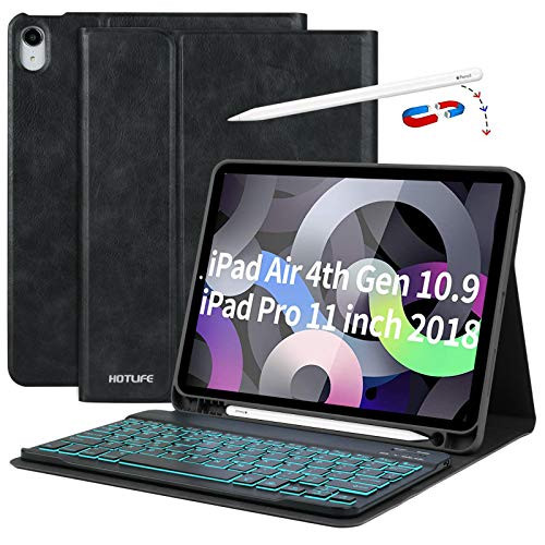 iPad Air 4th Generation Keyboard Case iPad Air 10.9 New iPad Air 2020 Case with Keyboard 7-Color Backlit Keyboard- Pencil Holder Detachable Bluetooth Keyboard Case for 10.9 iPad Air 4 Gen  Black