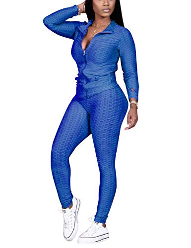 Jogging Suits for Women Textured 2 Piece Outfit Long Sleeve Full Zip Jacket Skinny Pants Tracksuit Set Blue XXL
