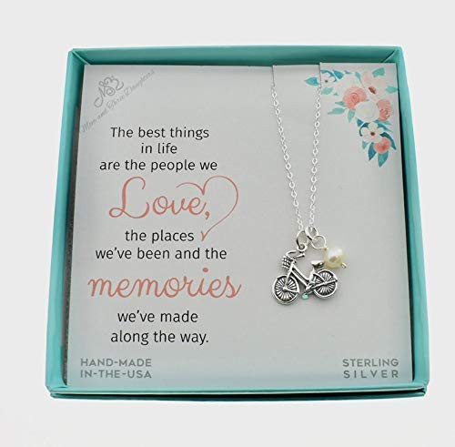 Woman s Bicycle Charm Pendant in Sterling Silver on an 18 Inch Sterling Silver Cable Chain Accented by a Genuine Swarovski Crystal Pearl. Bicycle Necklace