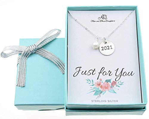 Class of 2021 Necklace in Sterling Silver Accented by a Genuine Swarovski Crystal Pearl on an 18 Inch Sterling Silver Cable Chain. Class of 2021. 2021 Charm
