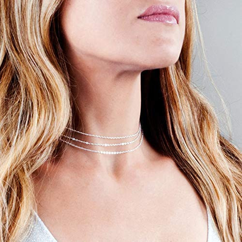 Sterling Silver 3 Layer Cable Choker Necklace - Designer Handmade Multi Layer Collar Chain 13  plus 3 inches
