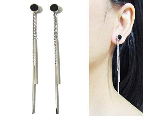 Silver Toned Chain Bar Drop Black Stud Dangle Long Invisible Clip on Earrings non Pierced Earrings