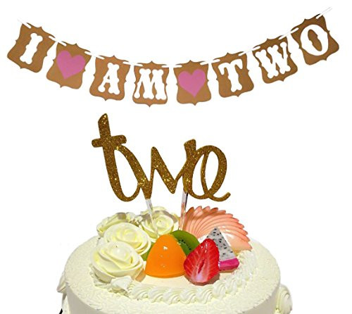Baby Girl 2nd Birthday Decoration- Cake Topper -"two" & "I Am Two"- Banner For Sweet Heart Birthday Celebration
