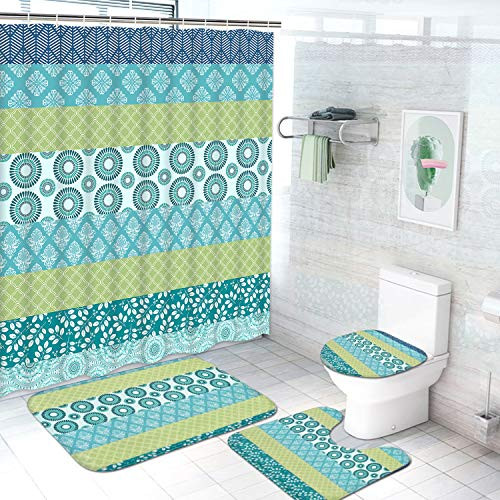Ikfashoni 4 Pcs Bohemian Striped Shower Curtain Set with Non-Slip Rug Toilet Lid Cover and Bath Mat Teal Boho Shower Curtain with 12 Hooks Waterproof Fabric Bath Shower Curtain for Bathroom