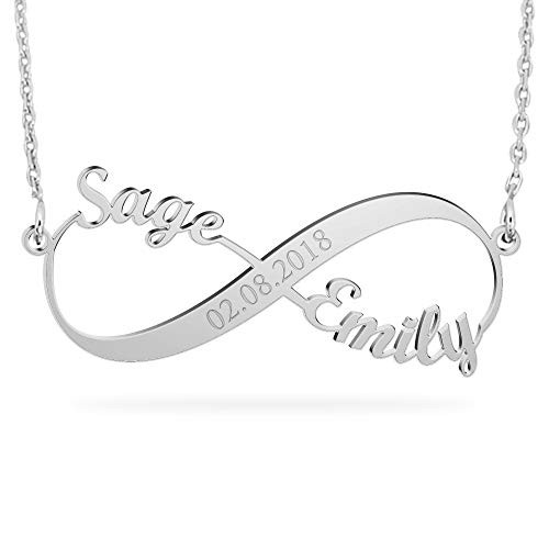JOELLE JEWELRY Custom Infinity Name Necklace with Wedding Date 18K White Gold Plated Infinity Pendant