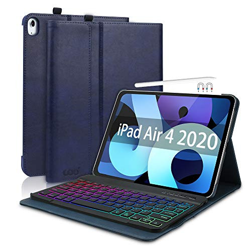 iPad Keyboard Case for New iPad Air 4 Generation 10.9 inch 2020 iPad Pro 11 inch 2018 Leather PU Sewing Case with Detachable 7 Color Backlit Wireless Keyboard for iPad Air 4th 2020 Dark Blue