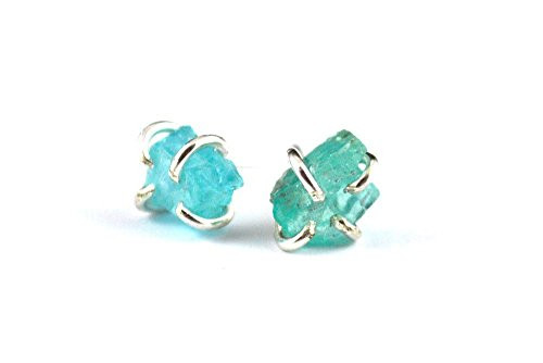 Apatite silver stud earrings Raw stone jewelry Green apatite earrings Rough stone stud earrings Claw prong stud earrings Gift for her
