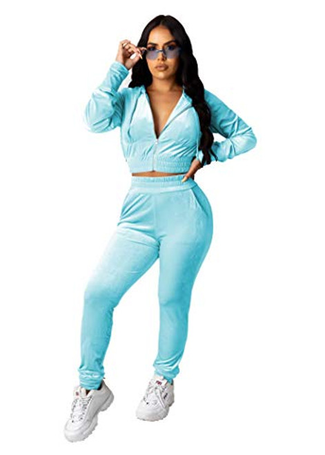 PINSV 2 Piece Outfits Velour Tracksuit for Women Zip Up Hoodie Velvet Jogging Sweatsuit Workout Sets Solid Light Blue S