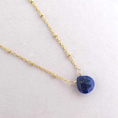 Dainty Lapis Lazuli Necklace Navy Blue Gemstone 14k Gold Filled 18 Inch Chain