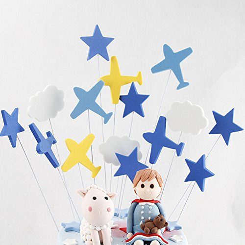 30 Pieces Blue Airplanes White Cloud Cake Cupcake Toppers for Baby Shower Birthday Party Favors