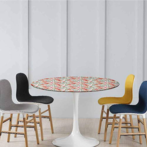 Round Elastic Table Cloth Flowers Blossoms Leafs Colorful Floral Autumn Fruits Tree Branches Pattern Indoor Outdoor Tablecloth No Fabric Draping Down for Puppy to Grab Scarlet Diameter - 71 Inch