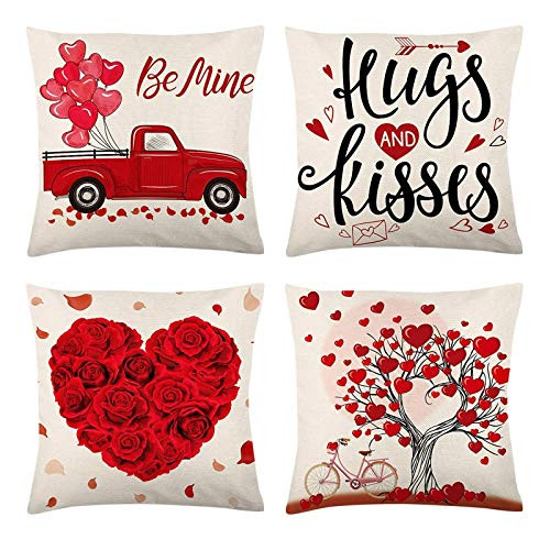 Lykmera 4PCS Valentines Day Pillow Covers 18x18 Inch Happy Valentine s Day Decor for The Home Red Holiday Linen Throw Pillows Farmhouse Decorative Throw Pillow Covers  A