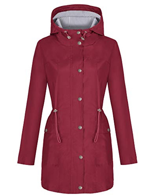 Raincoat for Women Waterproof Rain Jacket Long Hooded Trench Coats Lined Windbreaker Travel Jacket Wine Red L