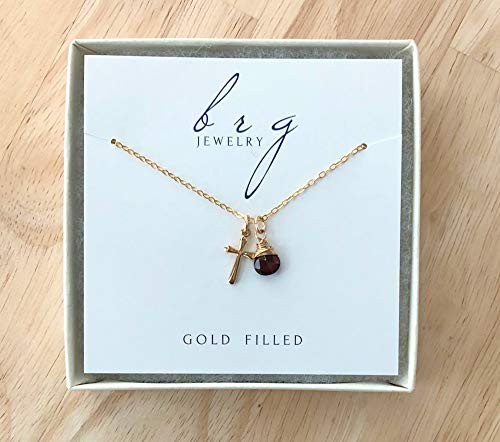 Tiny Gold Cross Necklace with January Birthstone Garnet - Christian Birthday Gifts for Teen Girls