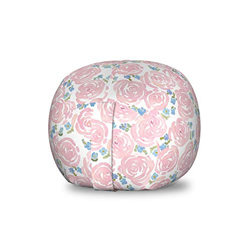 Lunarable Watercolor Flower Storage Toy Bag Chair Romantic Pastel Rose Blooms with Blue Petals Bridal Hand Drawn Stuffed Animal Organizer Washable Bag Small Size White Blush