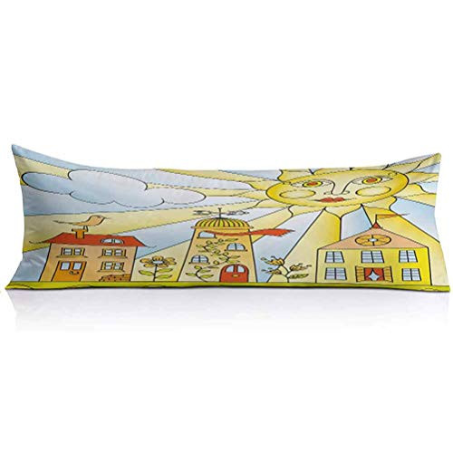 LCGGDB Kids Room Body Pillow PillowcaseChildlike Drawing of City Under Smiling Sun Cartoon Houses Garden Cloud Nursery Decorative Body Pillow Cover for Adults Pregnant Woman1PCSMulticolor