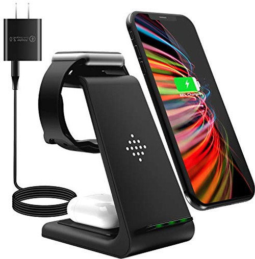 Wireless Charger 3 in 1 Wireless Charging Station for Apple Watch SE 6 5 4 3 2 AirPods Pro Qi 15W Fast Wireless Charger Stand for iPhone 12 11 Pro Max XS X XR 8 Plus Samsung with QC 3.0 Adapter